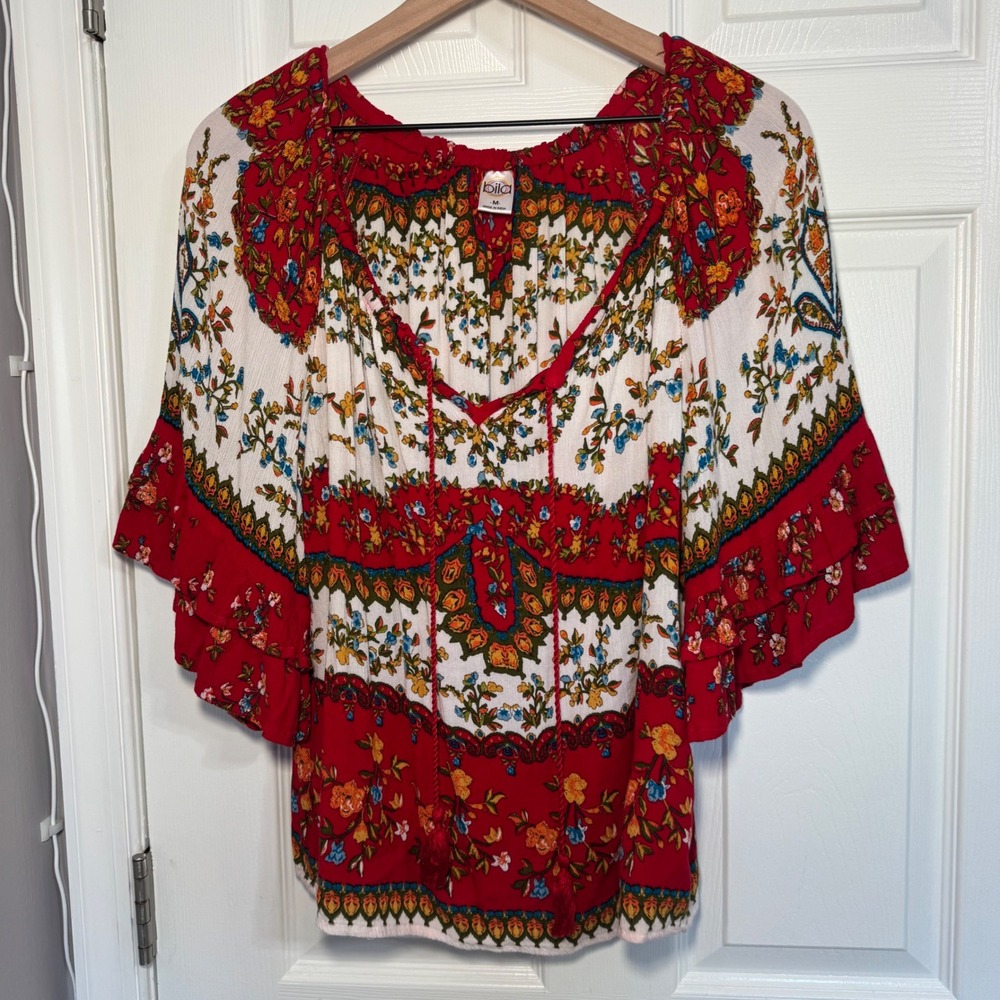 Bila floral Paisley Peasant Top Ruffle Bell Sleeve Boho Blouse M Cottage